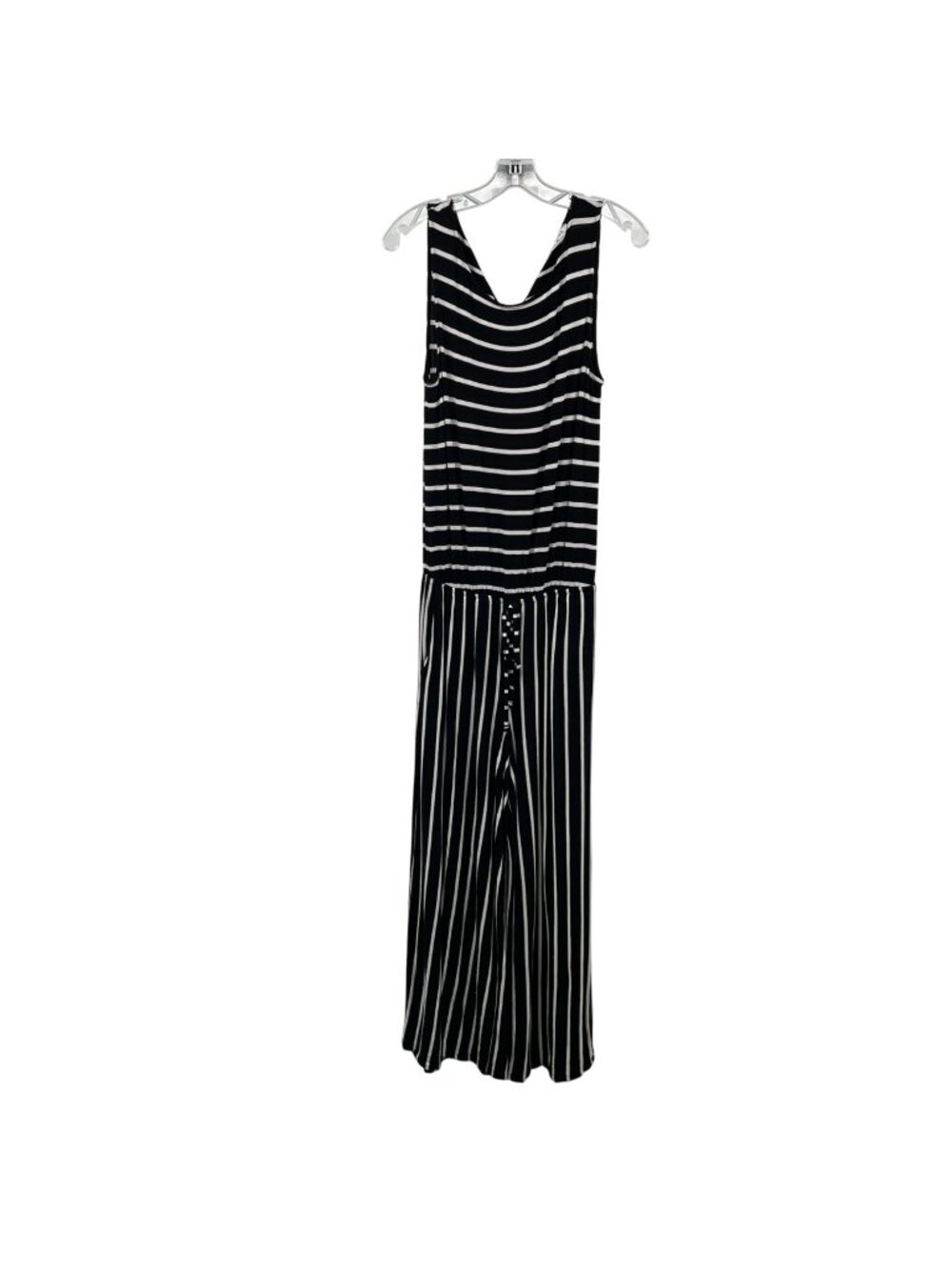 Zenana Striped Jumpsuit Sleeveless Straight Leg Black/White Size Medium Belted